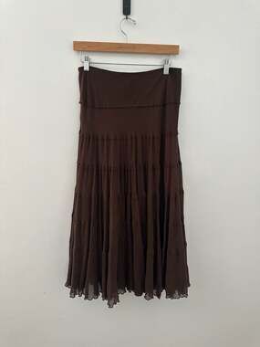 Jones New York Petite 100% Silk Brown Layered Tiered Midi Skirt 28”